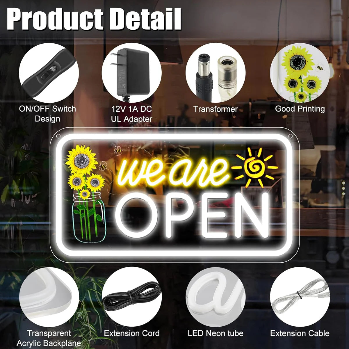 We Are Open Vertical Neon Sign – 17×9 / 23×12 inch | Warm White & White Glow | Window Hanging | Plug & Play for Storefronts
