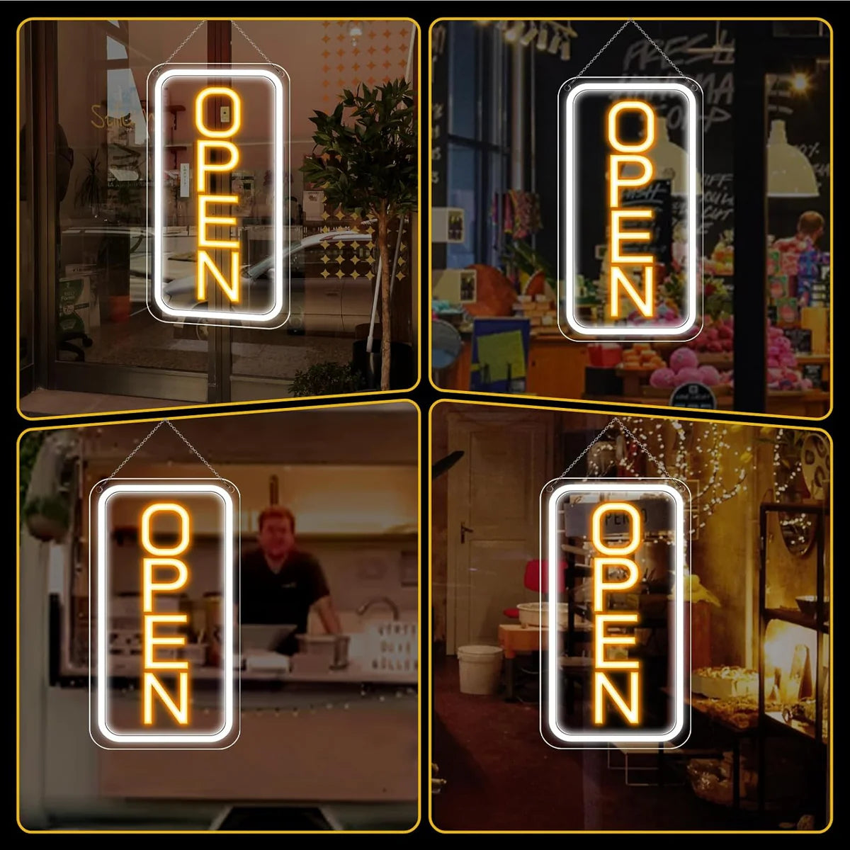 OPEN Neon LED Sign – 5 Glow Color Options | Vertical Rectangular | 16×9 / 23×12 inch | Window Hanging | Plug & Play for Storefronts