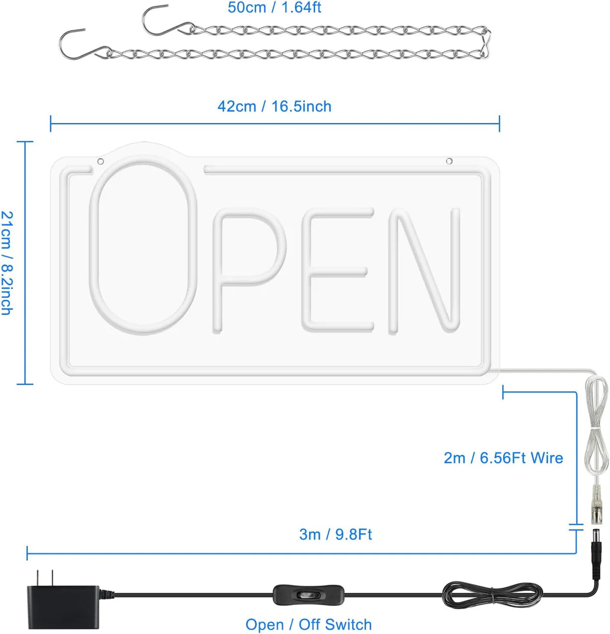 OPEN Neon Sign – 5 Glow Color Options | Big “O” Style | 17×9 inch (42×22 cm) | Window Hanging | Plug & Play for Storefronts