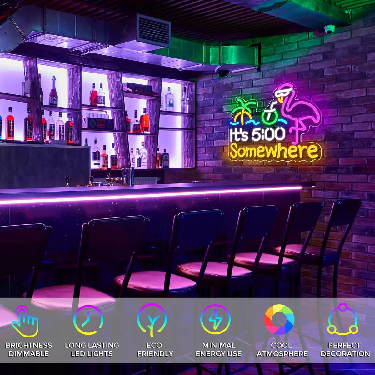 Its 5 00 O'clock Some Where LED Sign – Multi-Color Glow | 16.1× 12.6 inch | USB Powered | Hanging | Ideal for Bar, Pub, Lounge, Nightclub, Party Mood Lighting