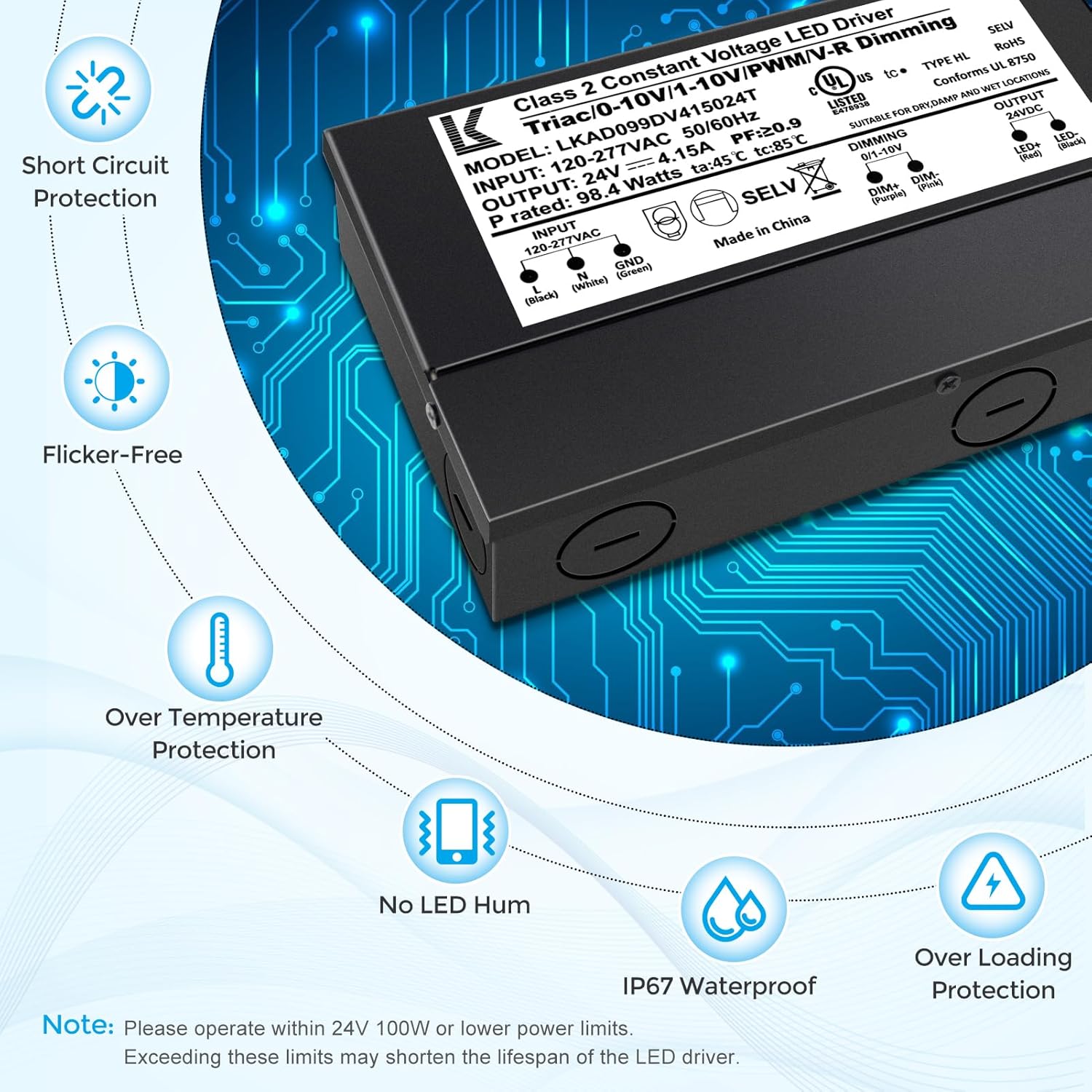 24V 100W Dimmable LED Driver, 5-in-1 Triac/ELV/MLV//0-10V/1-10V/PWM/V-R Dimming AC to DC Power Supply, IP67 Waterproof LED Transformer, UL Listed, Compatible with Lutron & Leviton Dimmer