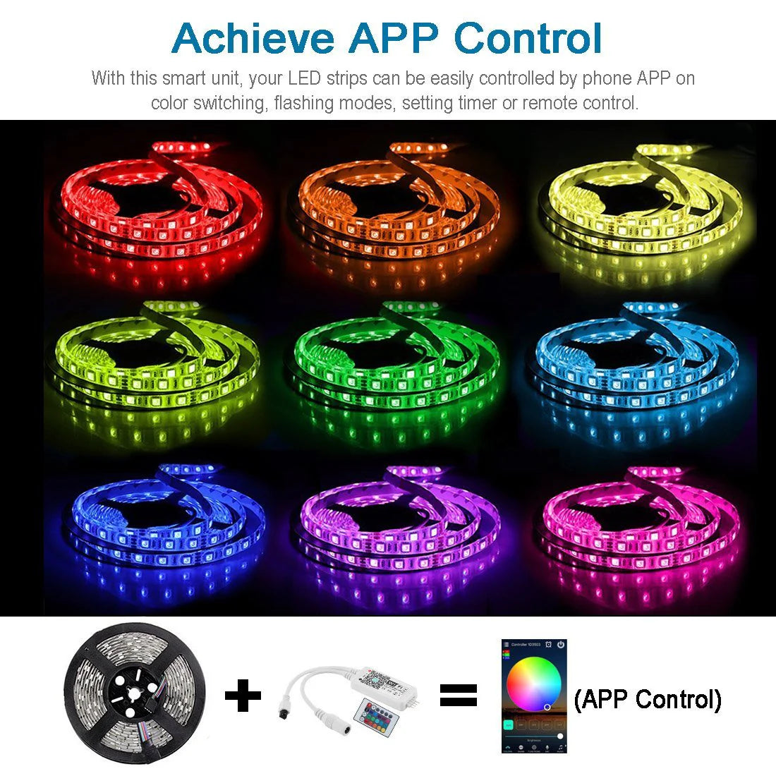 LightingWill Smart WIFI SMD5050 300LEDs RGB LED Strip Light Kit - DC12V | 60 LEDs/M | 10mm PCB | IP00 / IP65 | 5M | RGB Color Changing LED Strip Lights with Alexa, Google Assistant | App Control & 24 Keys Controller + Power Supply | 5M