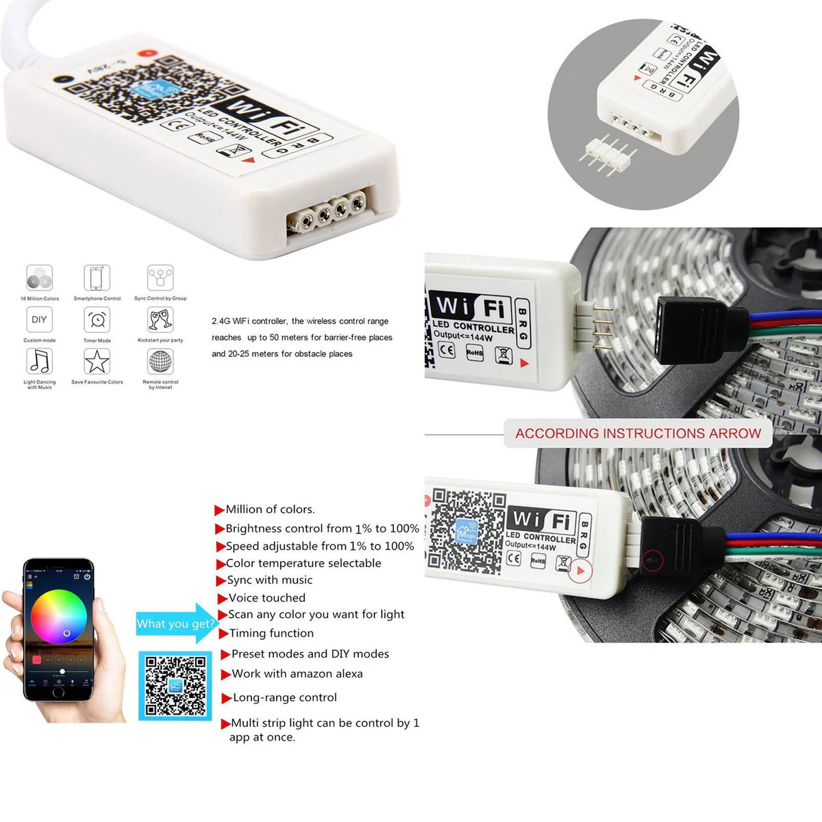 LightingWill Smart WIFI SMD5050 300LEDs RGB LED Strip Light Kit - DC12V | 60 LEDs/M | 10mm PCB | IP00 / IP65 | 5M | RGB Color Changing LED Strip Lights with Alexa, Google Assistant | App Control & 24 Keys Controller + Power Supply | 5M