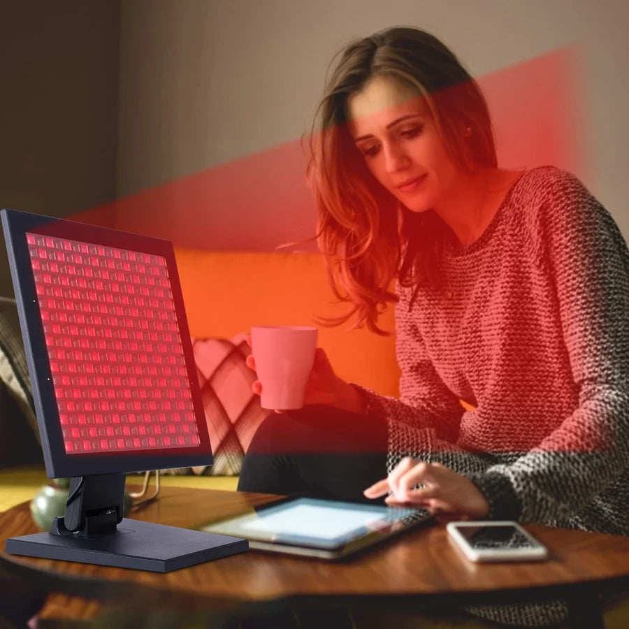 50W Infrared Therapy Lamp – Red Light 655–665nm & IR 850–860nm | Dimmable Timer | AC100–240V | Aluminum Alloy + PC Cover | Blue / Desktop Stand | for Skin Care & Muscle Relief | Controller & Goggles Included | US / EU / UK / AU Plug