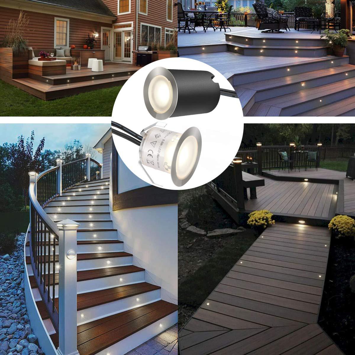 10/16-Pack Recessed LED Deck Lights – 0.6W Each | Warm White / Natural White | AC100–265V Input with Power Adapter | US / EU / UK / AU Plug Options | IP67 Waterproof Inground Step Lights Kit for Deck, Garden, Yard, Stairs & Pathway Lighting