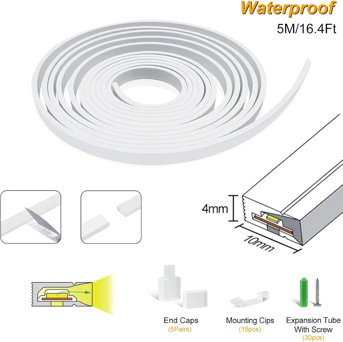 S0410 Side Edge Lighting Neon Light Housing – 4x10mm | Silicone LED Channel System | 5mm PCB Width | IP67 Waterproof | 16.4FT/5M*1/16.4FT/5M*5 | Local Stock US/UK/DE