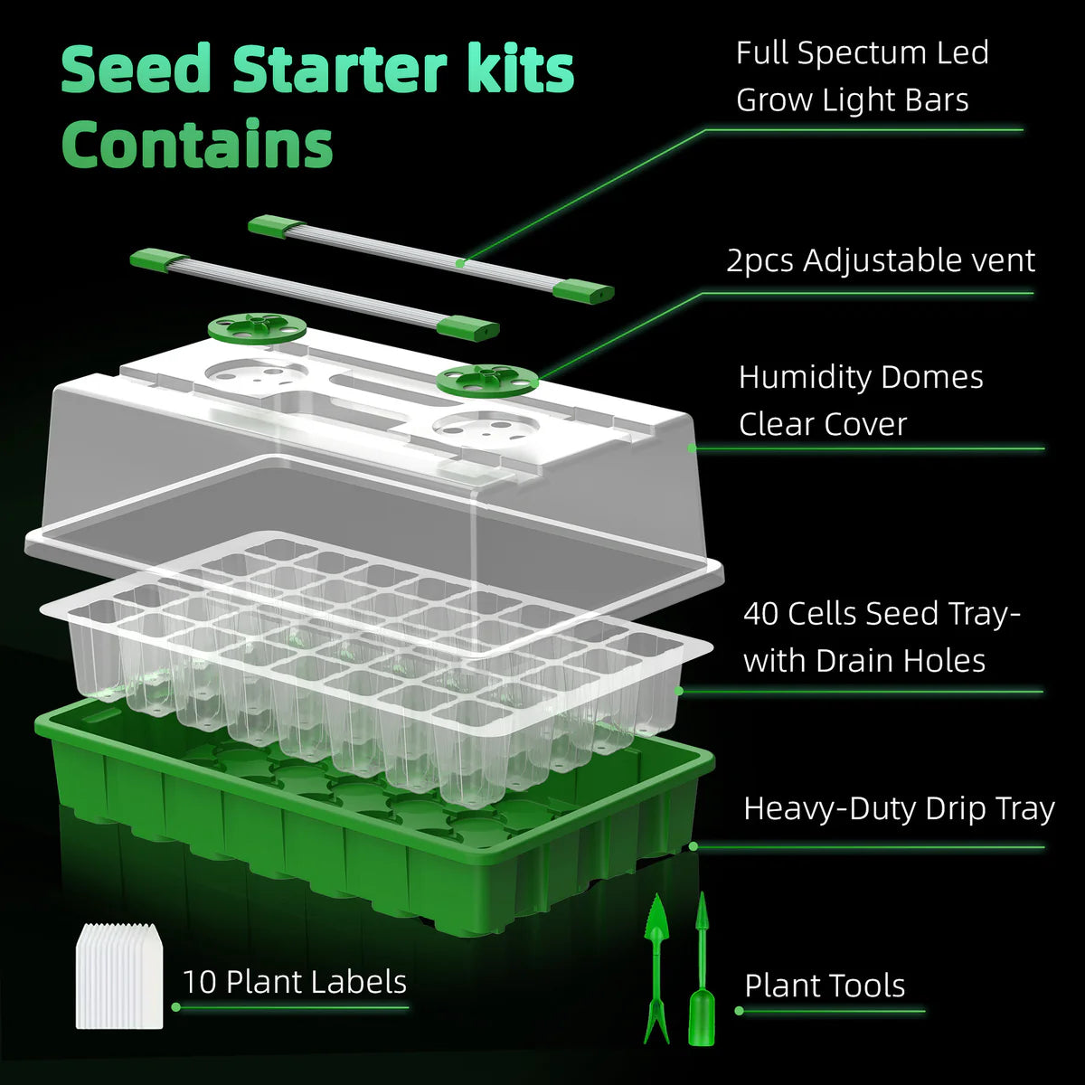 Seed Starter Tray with LED Grow Lights - 40-Cell | Full Spectrum LEDs | White & Blue Light / Red & Blue Light | Adjustable Brightness and Timer | USB Plug | for Indoor Plant Growing | 1 / 2 Pack