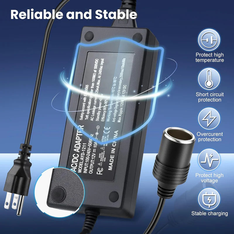 Cigarette Lighter Desktop Power Supply Adapter DC 12V 60W–120W, AC 100–240V Input Converter Transformer with US/UK Plug for Car Accessories, Air Pump, Cooler, Electronics