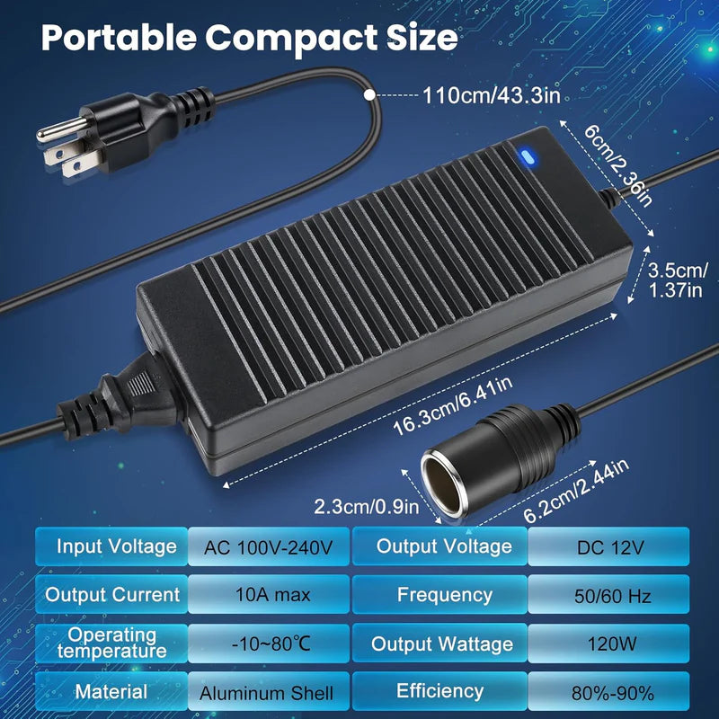 Cigarette Lighter Desktop Power Supply Adapter DC 12V 60W–120W, AC 100–240V Input Converter Transformer with US/UK Plug for Car Accessories, Air Pump, Cooler, Electronics