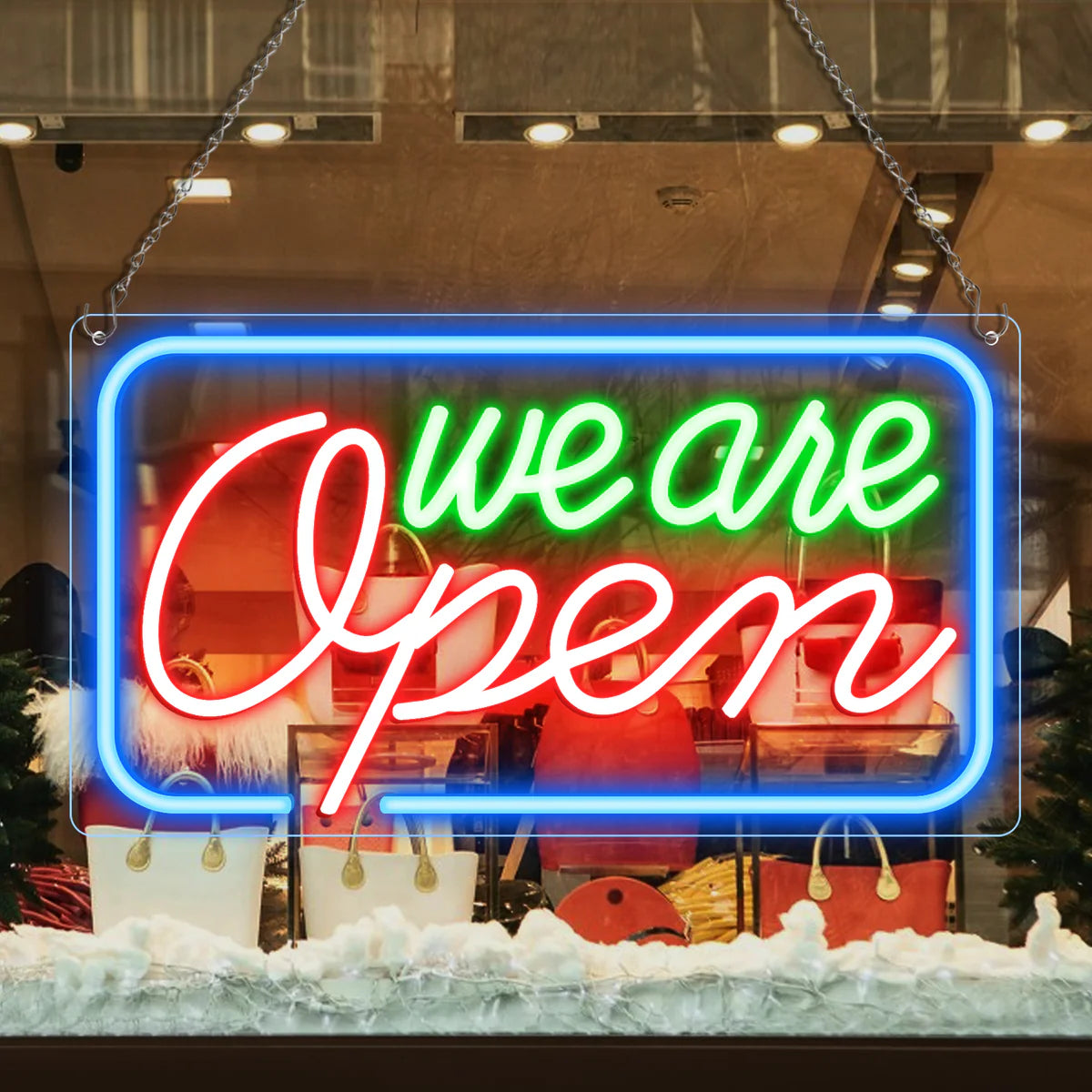We Are Open Neon Sign – 5 Glow Color Options | 17×9 inch (42×23 cm) | Window Hanging | Plug & Play for Storefronts