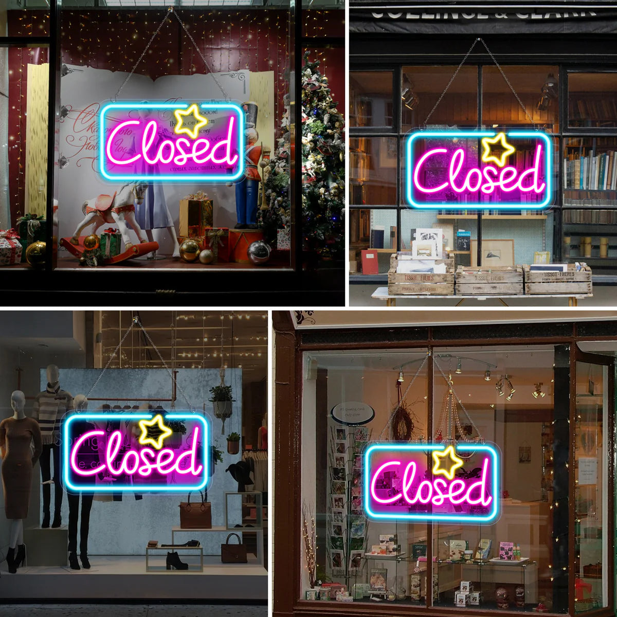 Closed Neon Sign – 17×9 inch (42×23 cm) | Ice Blue & Pink Glow + Yellow Star | Window Hanging | Plug & Play for Storefronts