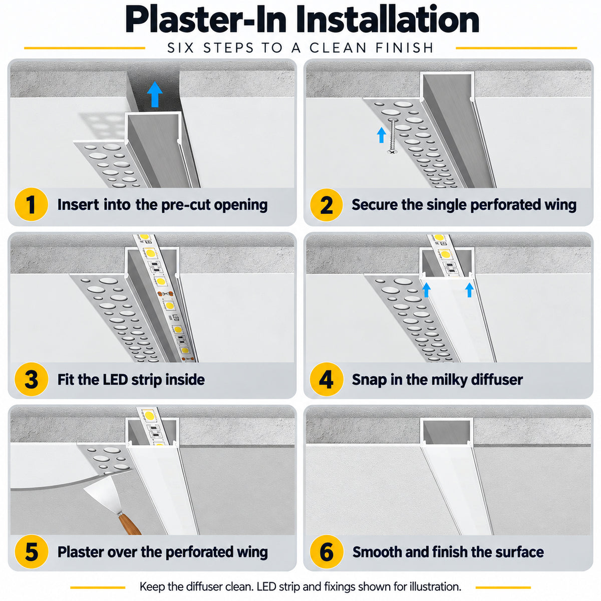 Silver XT-928 Double-Sided LED Aluminum Channel for Plaster-In Drywall, Fits LED Strips Up to 13mm Wide, with Milky White Diffuser