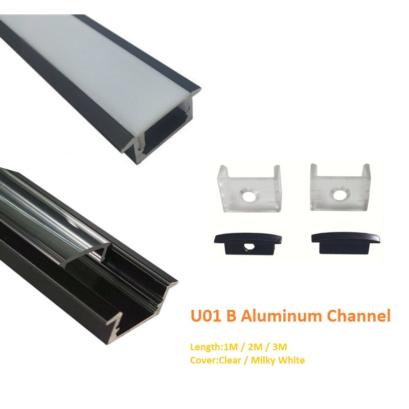 Schwarzes U01 9 x 23 mm U-förmiges Innenprofil, Breite 12 mm, LED-Aluminium-Kanalsystem mit Abdeckung, Endkappen und Befestigungsclips für die Installation von LED-Lichtstreifen