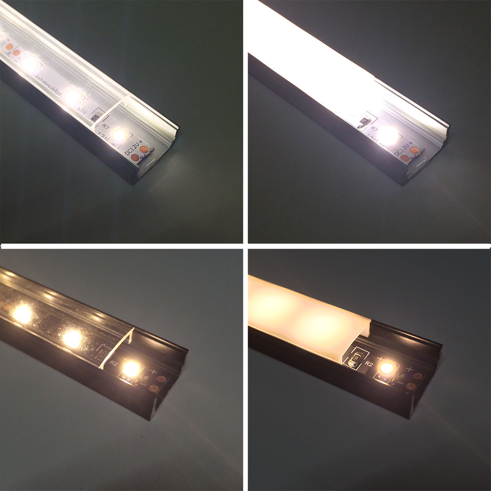 Schwarzes U01 9 x 23 mm U-förmiges Innenprofil, Breite 12 mm, LED-Aluminium-Kanalsystem mit Abdeckung, Endkappen und Befestigungsclips für die Installation von LED-Lichtstreifen