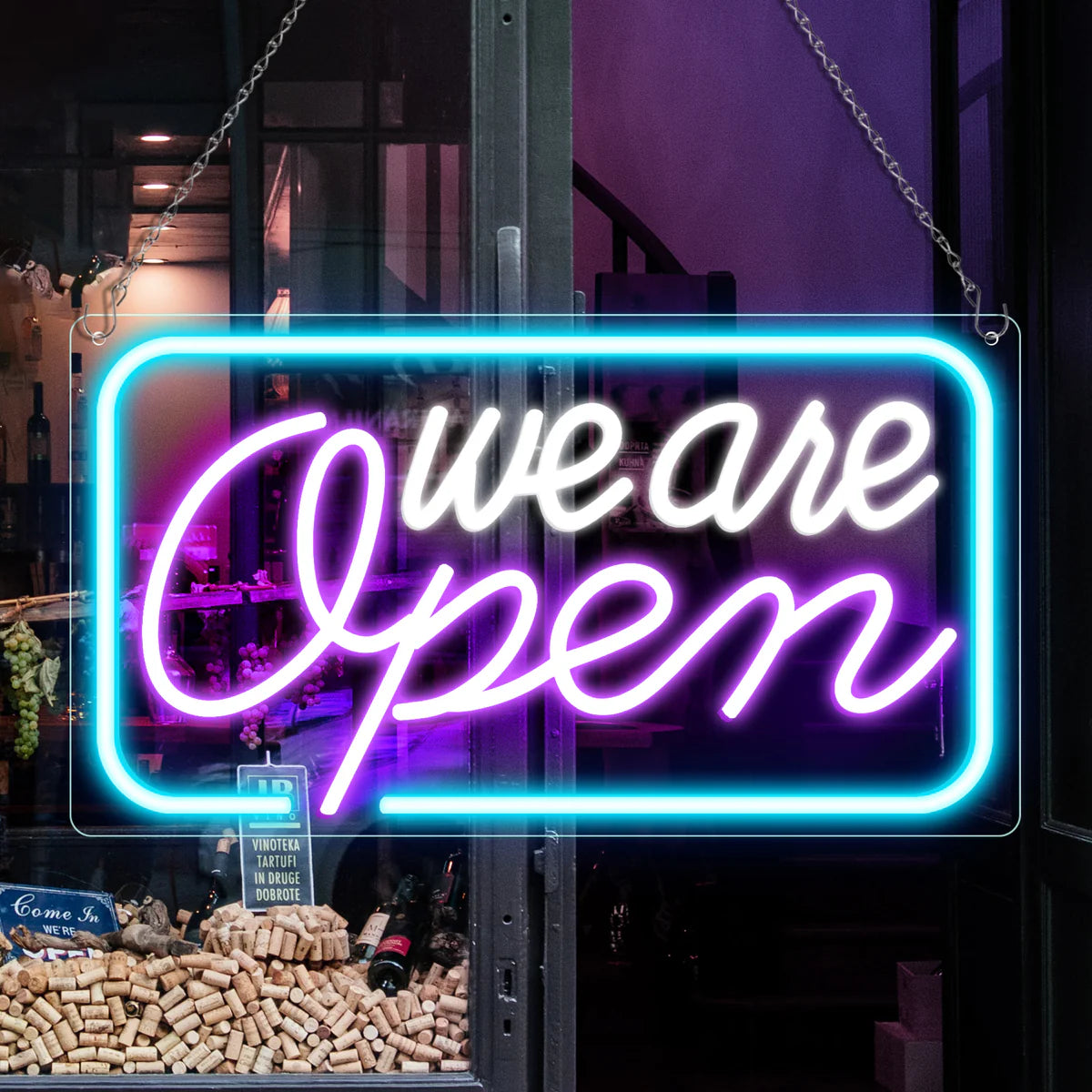 We Are Open Neon Sign – 5 Glow Color Options | 17×9 inch (42×23 cm) | Window Hanging | Plug & Play for Storefronts