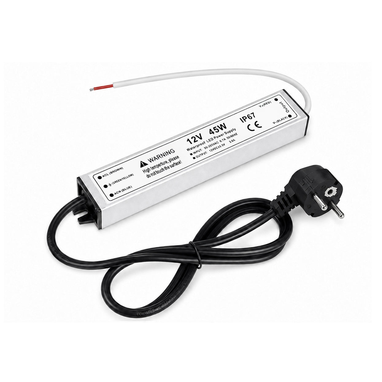 45W 12V Waterproof LED Power Supply, 90-265V Input, Single Output, Aluminum Housing, Outdoor LED Lighting Driver, CE/RoHS/FCC Certified, US/UK/EU Plug