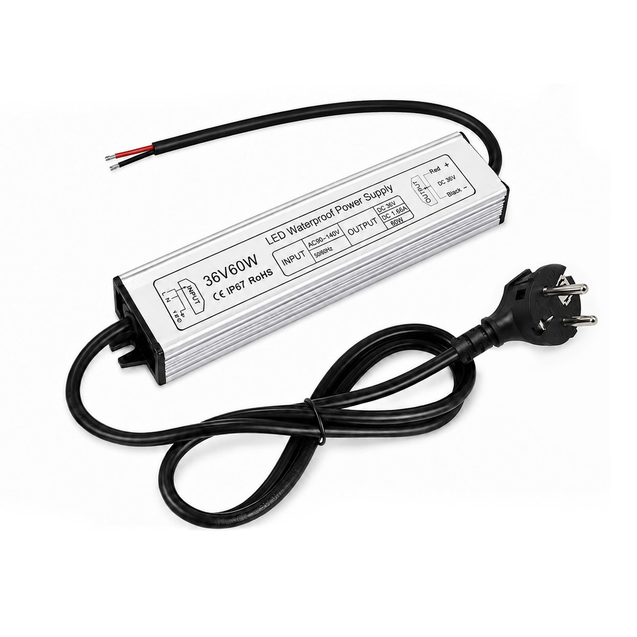 60W 12V/24V/36V/48V Waterproof LED Power Supply, 90-265V Input, Single Output, Aluminum Housing, Outdoor LED Lighting Driver, CE/RoHS/FCC Certified, US/UK/EU Plug