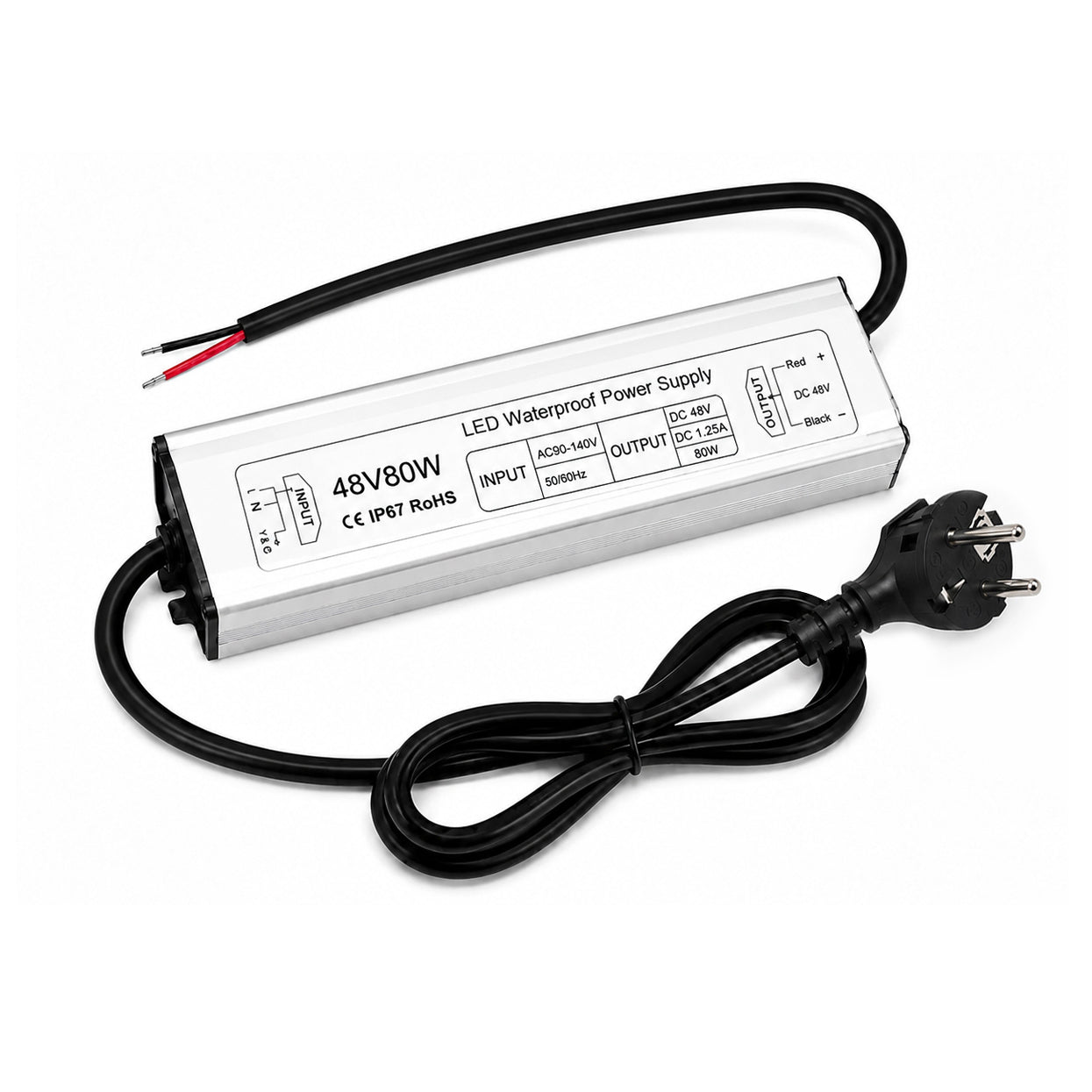 80W 12V/24V/36V/48V Waterproof LED Power Supply, 90-265V Input, Single Output, Aluminum Housing, Outdoor LED Lighting Driver, CE/RoHS/FCC Certified, US/UK/EU Plug