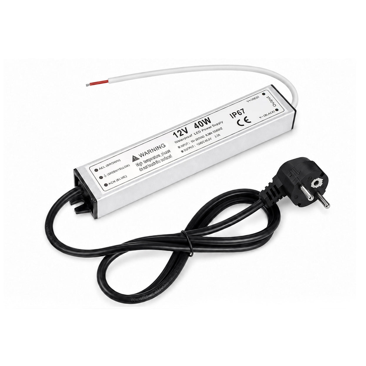 40W 12V/24V Waterproof LED Power Supply, 90-265V Input, Single Output, Aluminum Housing, Outdoor LED Lighting Driver, CE/RoHS/FCC Certified, US/UK/EU Plug