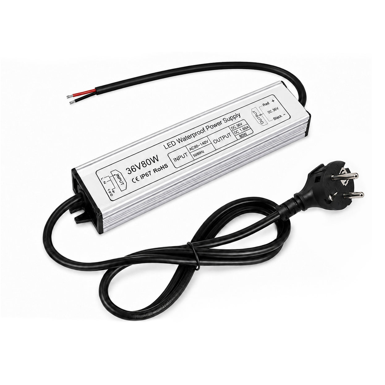 80W 12V/24V/36V/48V Waterproof LED Power Supply, 90-265V Input, Single Output, Aluminum Housing, Outdoor LED Lighting Driver, CE/RoHS/FCC Certified, US/UK/EU Plug