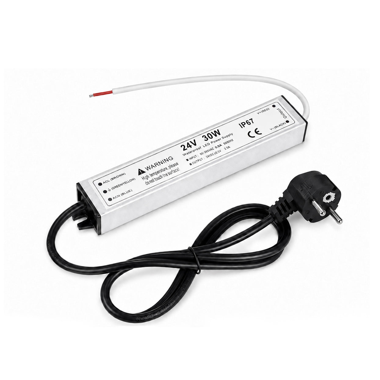 30W 12V/24V Waterproof LED Power Supply, 90-265V Input, Single Output, Aluminum Housing, Outdoor LED Lighting Driver, CE/RoHS/FCC Certified, US/UK/EU Plug