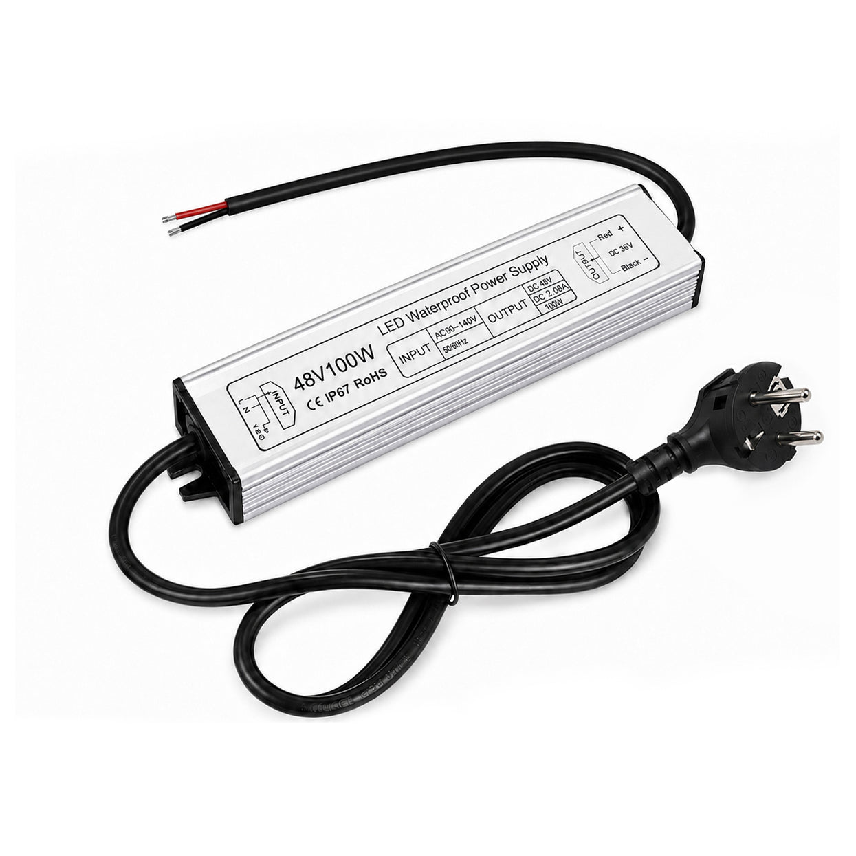100W 36V/48V Waterproof LED Power Supply, 175-265V Input, Single Output, Aluminum Housing, Outdoor LED Lighting Driver, CE/RoHS/FCC Certified, US/UK/EU Plug