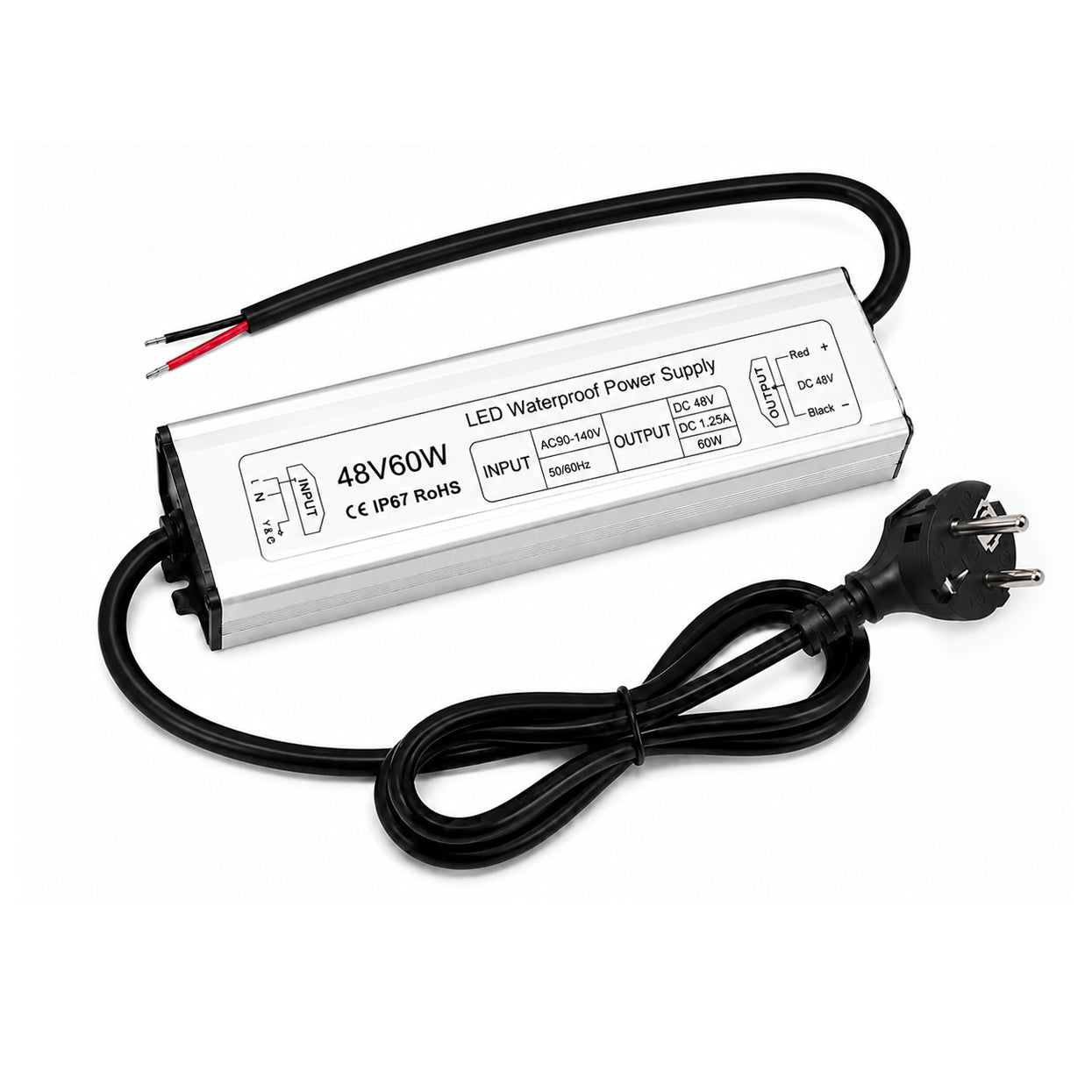 60W 12V/24V/36V/48V Waterproof LED Power Supply, 90-265V Input, Single Output, Aluminum Housing, Outdoor LED Lighting Driver, CE/RoHS/FCC Certified, US/UK/EU Plug