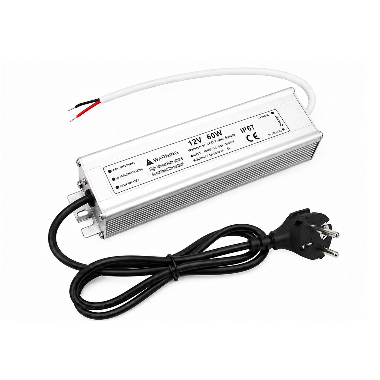 60W 12V/24V/36V/48V Waterproof LED Power Supply, 90-265V Input, Single Output, Aluminum Housing, Outdoor LED Lighting Driver, CE/RoHS/FCC Certified, US/UK/EU Plug