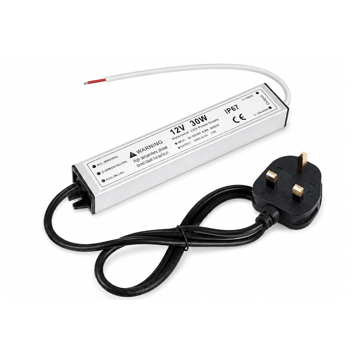 30W 12V/24V Waterproof LED Power Supply, 90-265V Input, Single Output, Aluminum Housing, Outdoor LED Lighting Driver, CE/RoHS/FCC Certified, US/UK/EU Plug