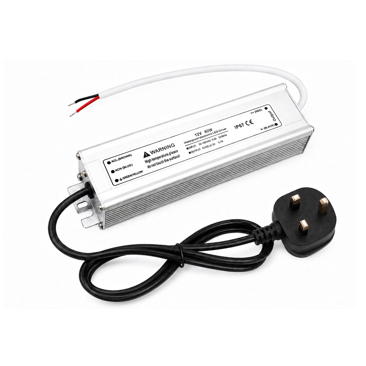80W 12V/24V/36V/48V Waterproof LED Power Supply, 90-265V Input, Single Output, Aluminum Housing, Outdoor LED Lighting Driver, CE/RoHS/FCC Certified, US/UK/EU Plug