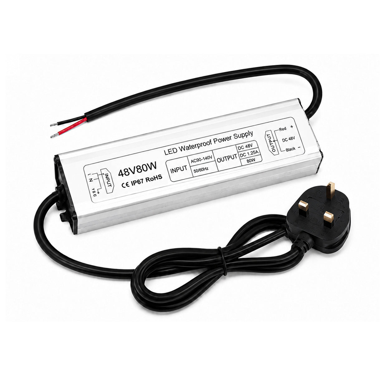 80W 12V/24V/36V/48V Waterproof LED Power Supply, 90-265V Input, Single Output, Aluminum Housing, Outdoor LED Lighting Driver, CE/RoHS/FCC Certified, US/UK/EU Plug