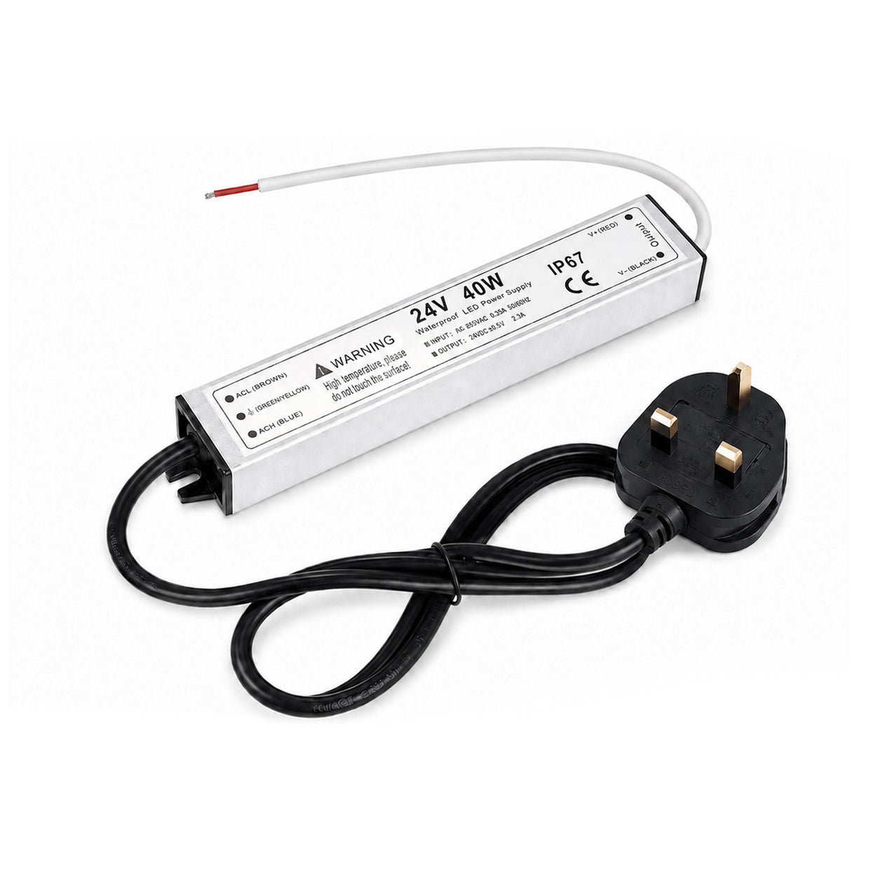 40W 12V/24V Waterproof LED Power Supply, 90-265V Input, Single Output, Aluminum Housing, Outdoor LED Lighting Driver, CE/RoHS/FCC Certified, US/UK/EU Plug