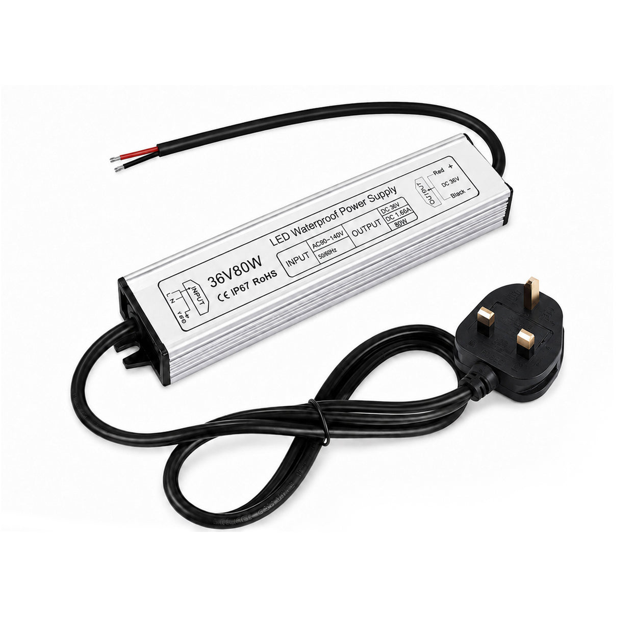 80W 12V/24V/36V/48V Waterproof LED Power Supply, 90-265V Input, Single Output, Aluminum Housing, Outdoor LED Lighting Driver, CE/RoHS/FCC Certified, US/UK/EU Plug