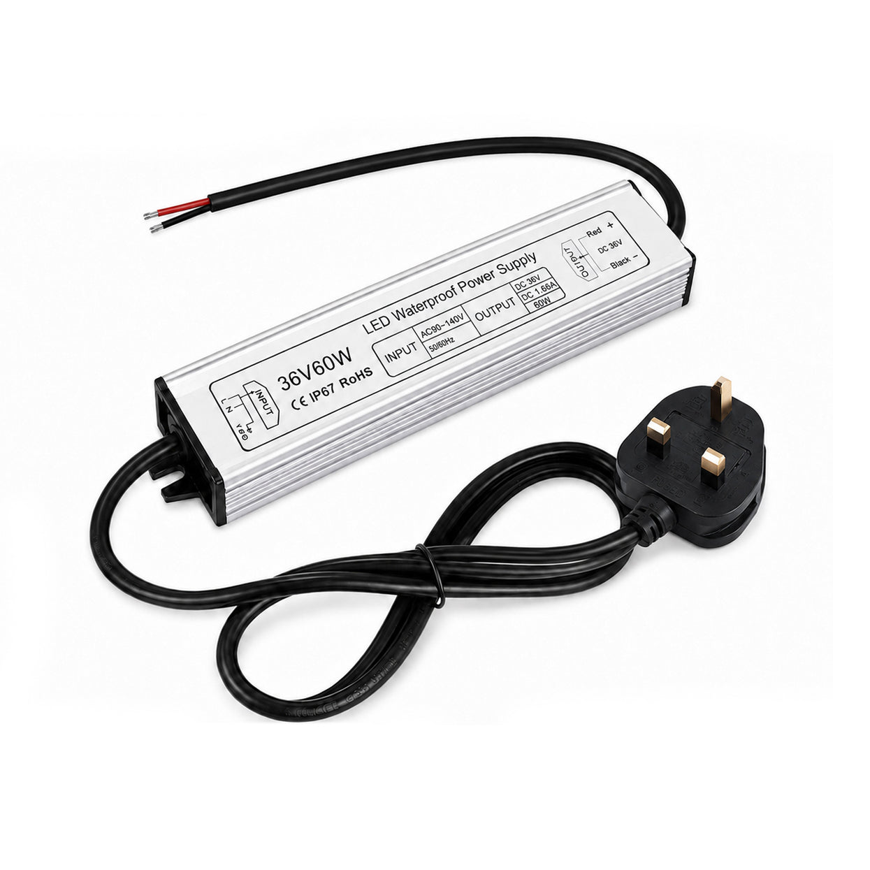 60W 12V/24V/36V/48V Waterproof LED Power Supply, 90-265V Input, Single Output, Aluminum Housing, Outdoor LED Lighting Driver, CE/RoHS/FCC Certified, US/UK/EU Plug
