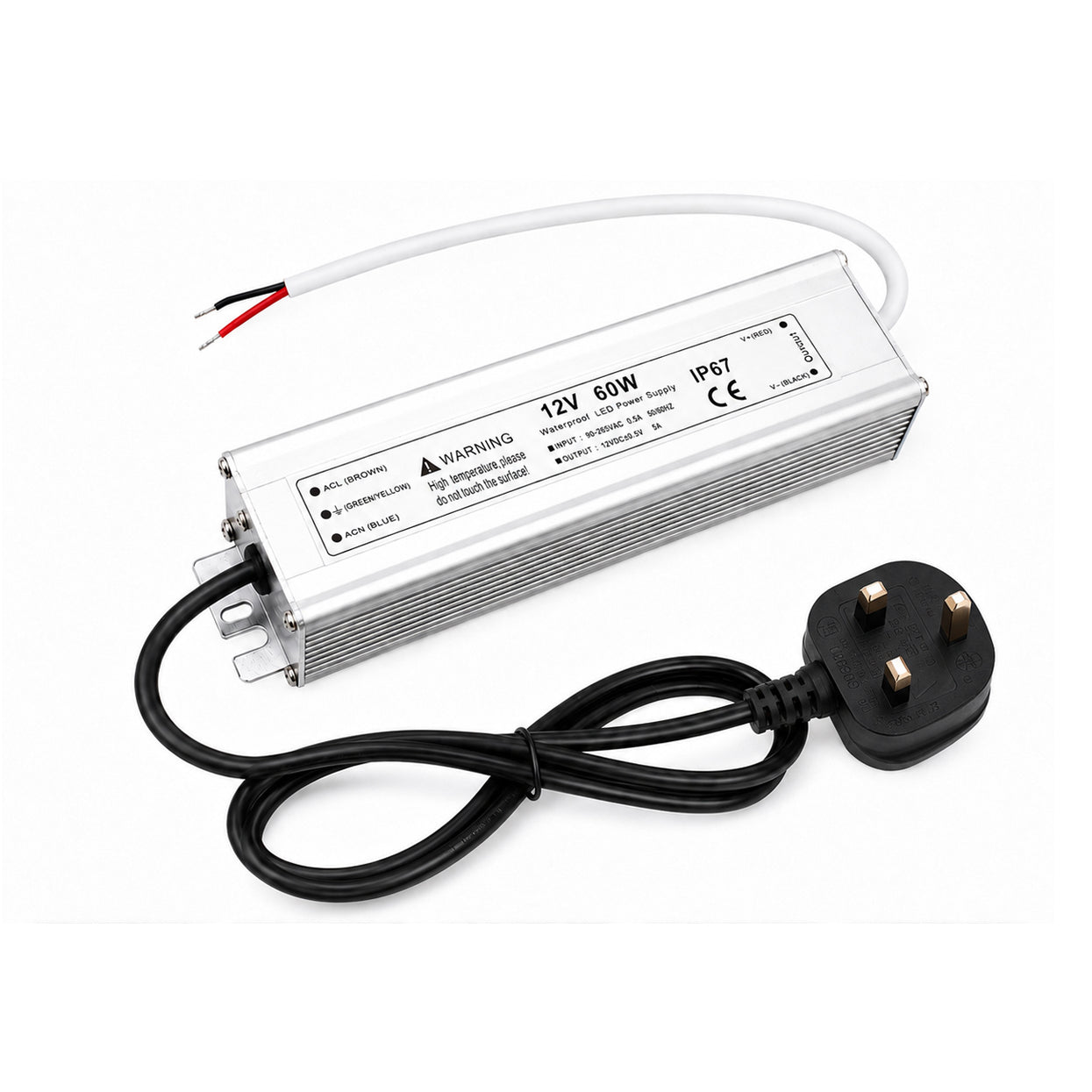60W 12V/24V/36V/48V Waterproof LED Power Supply, 90-265V Input, Single Output, Aluminum Housing, Outdoor LED Lighting Driver, CE/RoHS/FCC Certified, US/UK/EU Plug