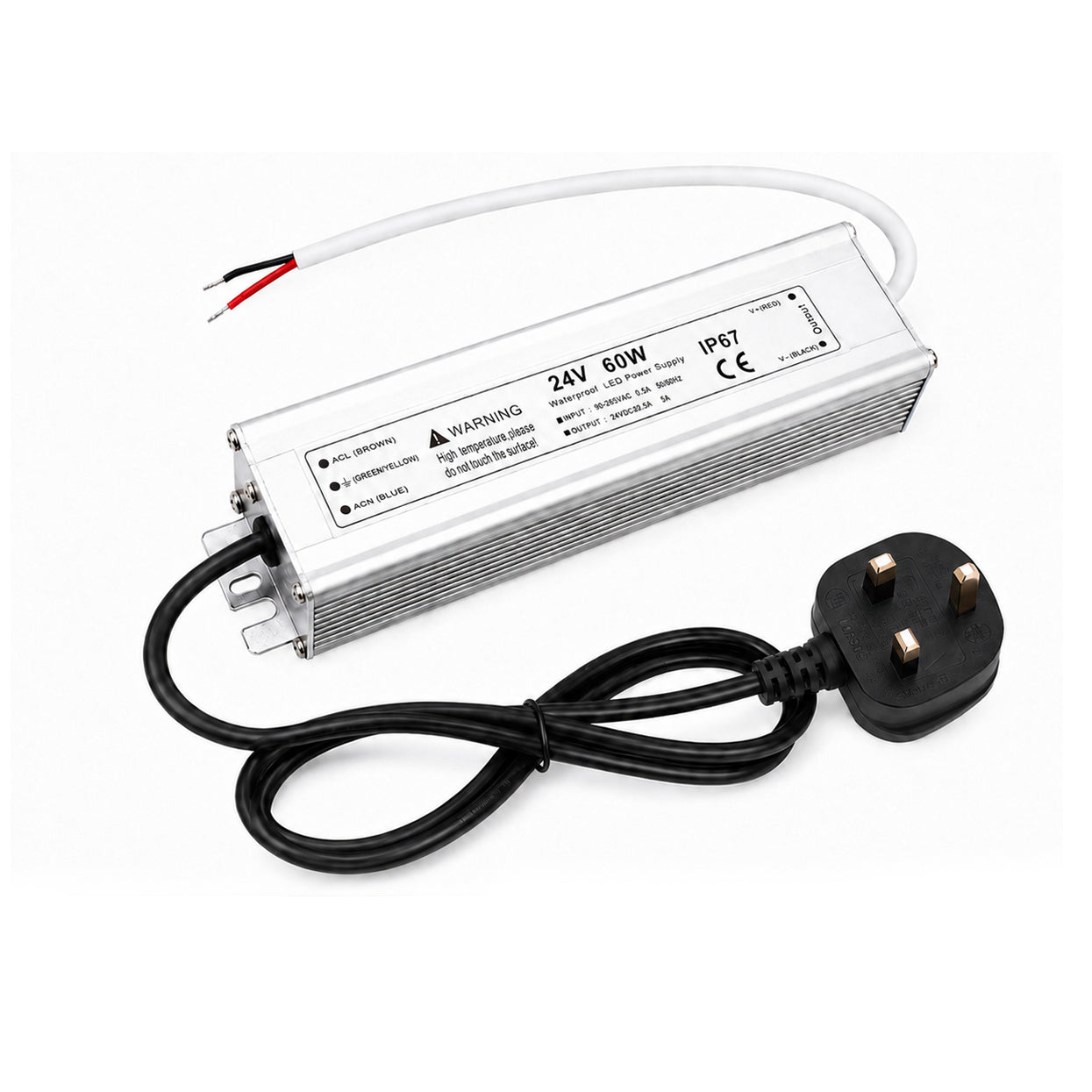 60W 12V/24V/36V/48V Waterproof LED Power Supply, 90-265V Input, Single Output, Aluminum Housing, Outdoor LED Lighting Driver, CE/RoHS/FCC Certified, US/UK/EU Plug