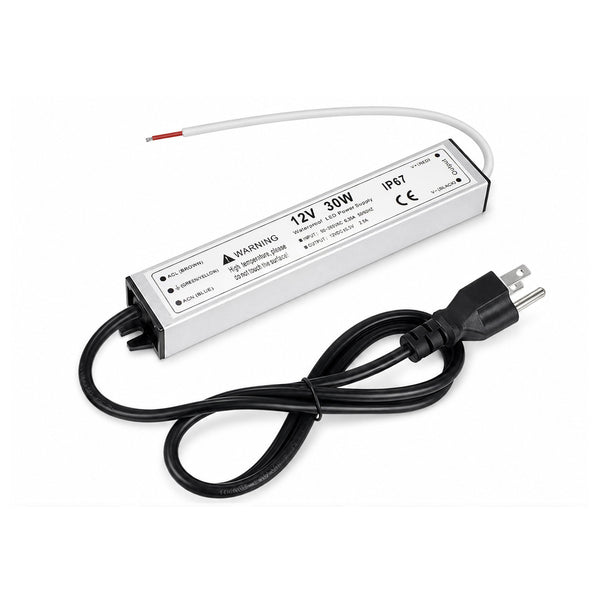 30W 12V/24V Waterproof LED Power Supply, 90-265V Input, Single Output, Aluminum Housing, Outdoor LED Lighting Driver, CE/RoHS/FCC Certified, US/UK/EU Plug