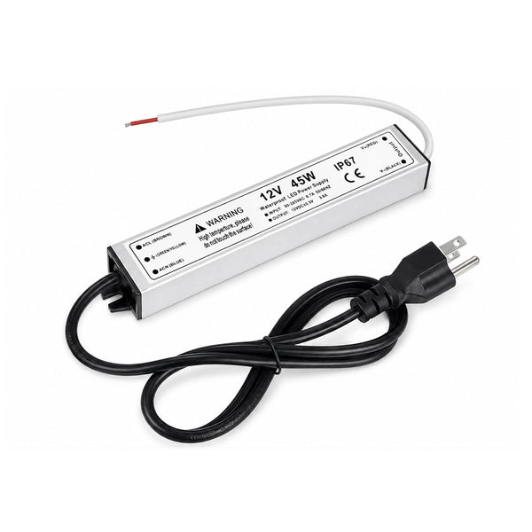 45W 12V Waterproof LED Power Supply, 90-265V Input, Single Output, Aluminum Housing, Outdoor LED Lighting Driver, CE/RoHS/FCC Certified, US/UK/EU Plug