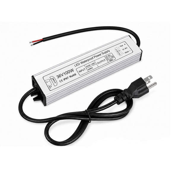 100W 36V/48V Waterproof LED Power Supply, 90-140V Input, Single Output, Aluminum Housing, Outdoor LED Lighting Driver, CE/RoHS/FCC Certified, US Plug