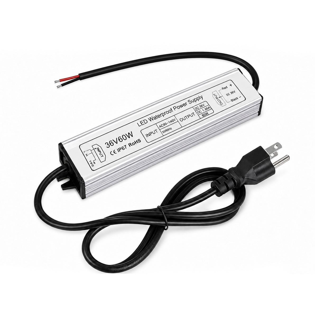 60W 12V/24V/36V/48V Waterproof LED Power Supply, 90-265V Input, Single Output, Aluminum Housing, Outdoor LED Lighting Driver, CE/RoHS/FCC Certified, US/UK/EU Plug