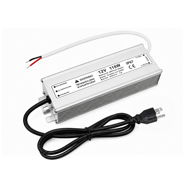110W 12V Waterproof LED Power Supply, 90-265V Input, Single Output, Aluminum Housing, Outdoor LED Lighting Driver, CE/RoHS/FCC Certified, US/UK/EU Plug