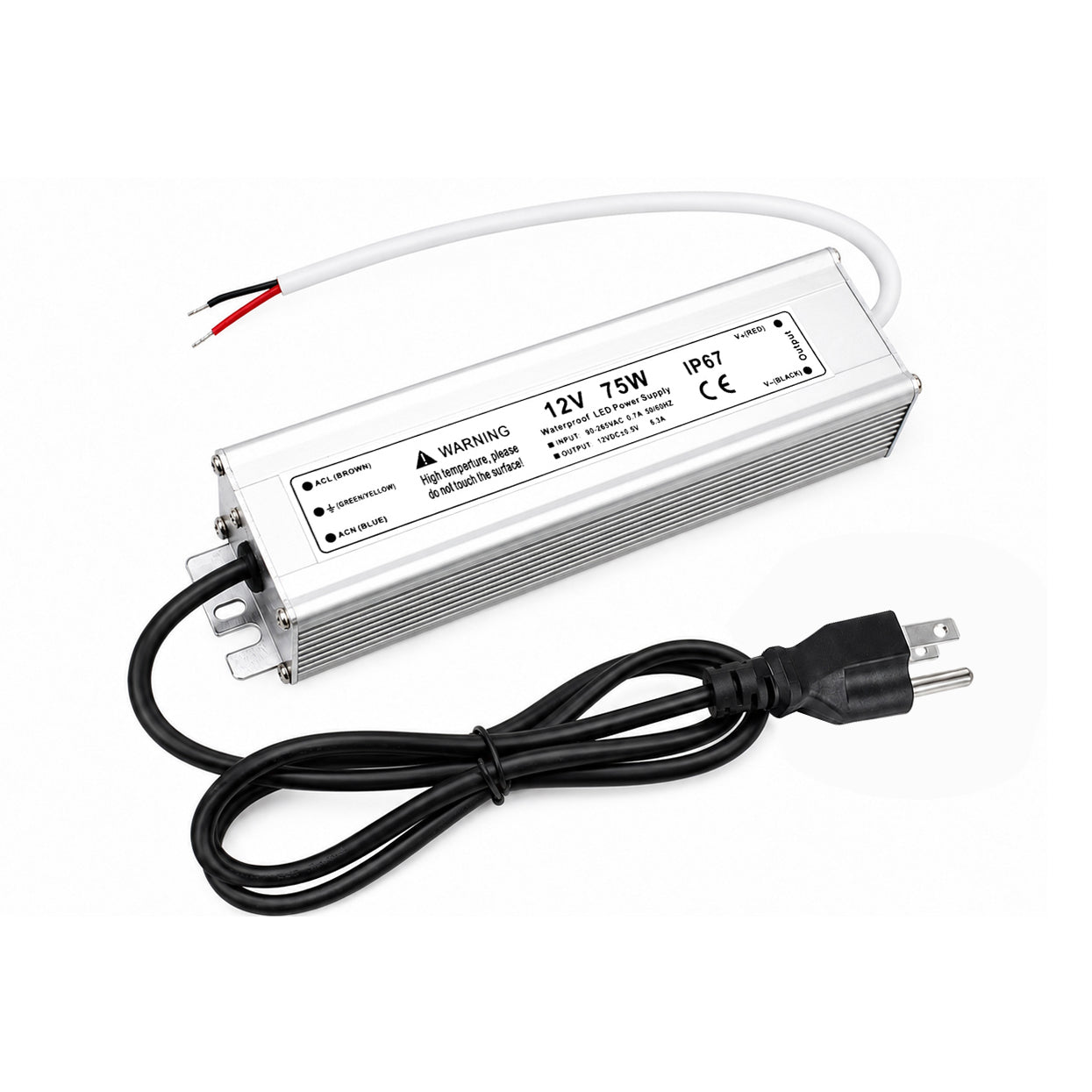 75W 12V Waterproof LED Power Supply, 90-265V Input, Single Output, Aluminum Housing, Outdoor LED Lighting Driver, CE/RoHS/FCC Certified, US/UK/EU Plug