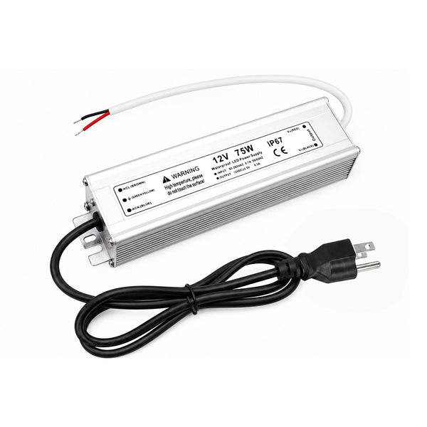 75W 12V Waterproof LED Power Supply, 90-265V Input, Single Output, Aluminum Housing, Outdoor LED Lighting Driver, CE/RoHS/FCC Certified, US/UK/EU Plug