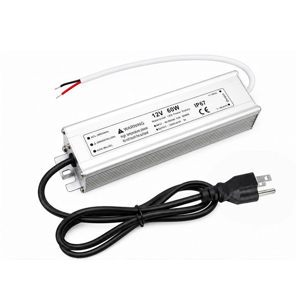 60W 12V/24V/36V/48V Waterproof LED Power Supply, 90-265V Input, Single Output, Aluminum Housing, Outdoor LED Lighting Driver, CE/RoHS/FCC Certified, US/UK/EU Plug
