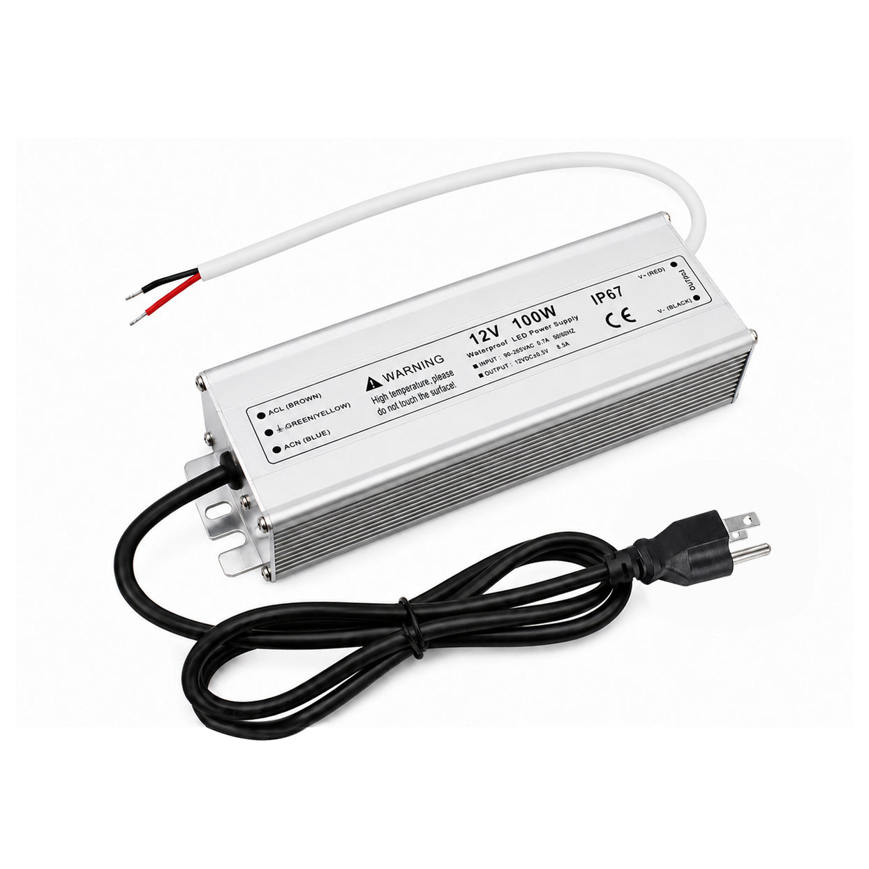 100W 12V/24V Waterproof LED Power Supply, 90-265V Input, Single Output, Aluminum Housing, Outdoor LED Lighting Driver, CE/RoHS/FCC Certified, US/UK/EU Plug