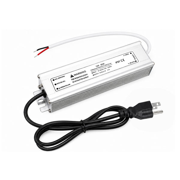 80W 12V/24V/36V/48V Waterproof LED Power Supply, 90-265V Input, Single Output, Aluminum Housing, Outdoor LED Lighting Driver, CE/RoHS/FCC Certified, US/UK/EU Plug