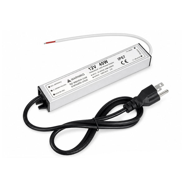 40W 12V/24V Waterproof LED Power Supply, 90-265V Input, Single Output, Aluminum Housing, Outdoor LED Lighting Driver, CE/RoHS/FCC Certified, US/UK/EU Plug