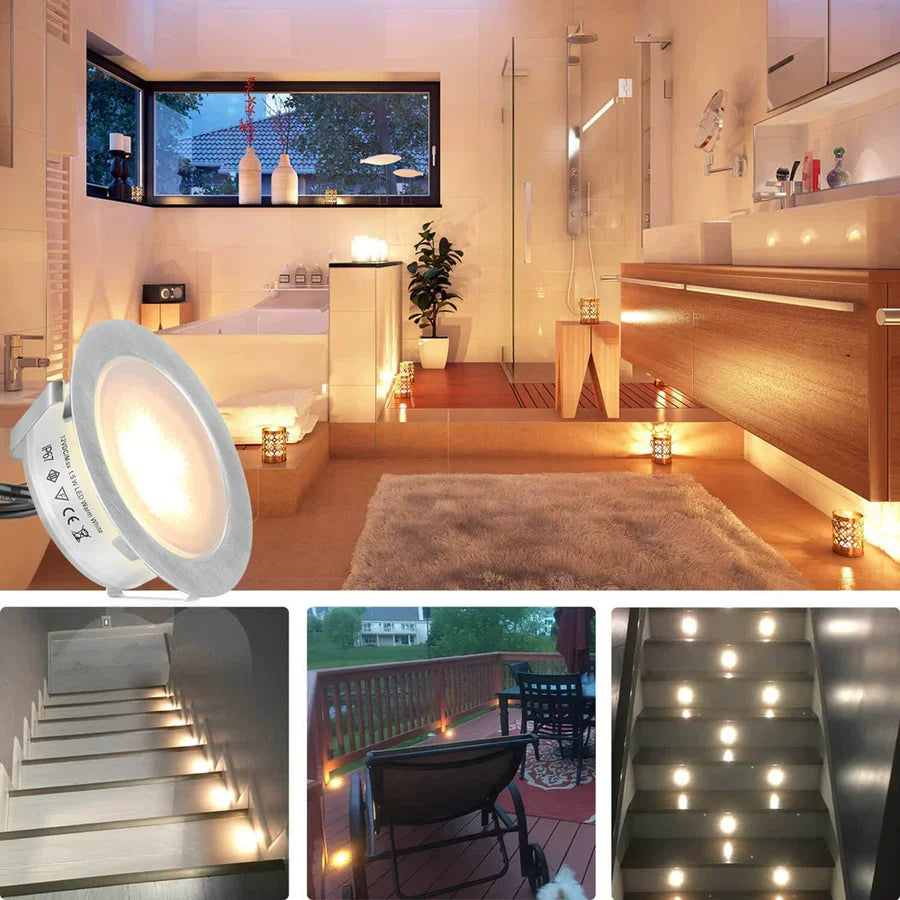 6-Pack Recessed LED Deck Lights – 1.5W Each | Warm White / Natural White  | AC100–265V Input with Power Adapter | US / EU / UK / AU Plug Options | IP67 Waterproof Inground Step Lights Kit for Deck, Garden, Yard, Stairs & Pathway Lighting