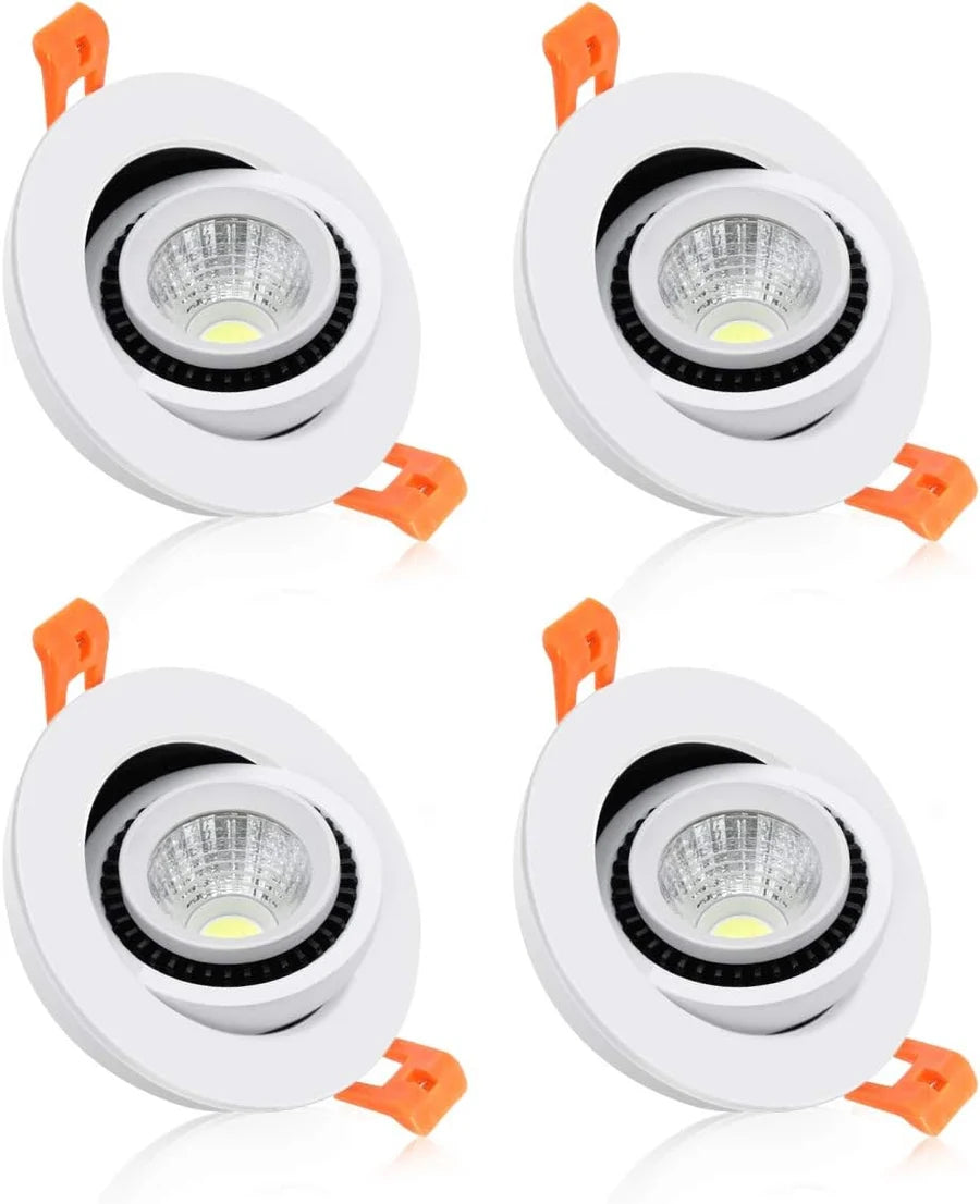 3W/5W/7W Eyeball Gimbal COB LED Downlight, 2700K–6000K, White Housing, TRIAC Dimmable, 100–130V / 200–240V - 4 Pack for Home & Accent Lighting