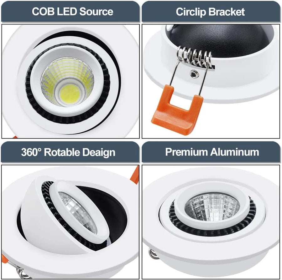 3W/5W/7W Eyeball Gimbal COB LED Downlight, 2700K–6000K, White Housing, TRIAC Dimmable, 100–130V / 200–240V - 4 Pack for Home & Accent Lighting